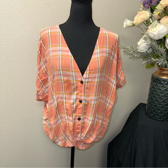 a.n.a Tops - a.n.a Peach Plaid Twist Front Button Blouse XL Boho Summer Top